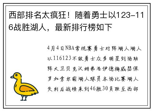 西部排名太疯狂！随着勇士以123-116战胜湖人，最新排行榜如下